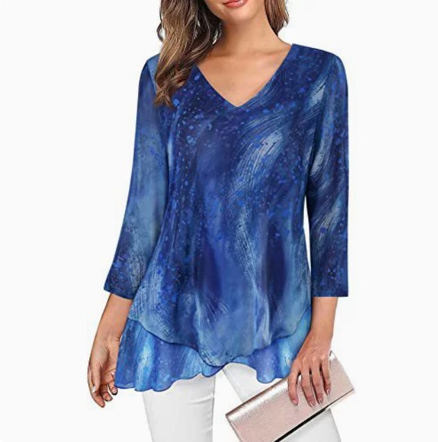 Women’s Asymmetrical Hem Mesh Blouse 3/4 Sleeve V Neck Tunic