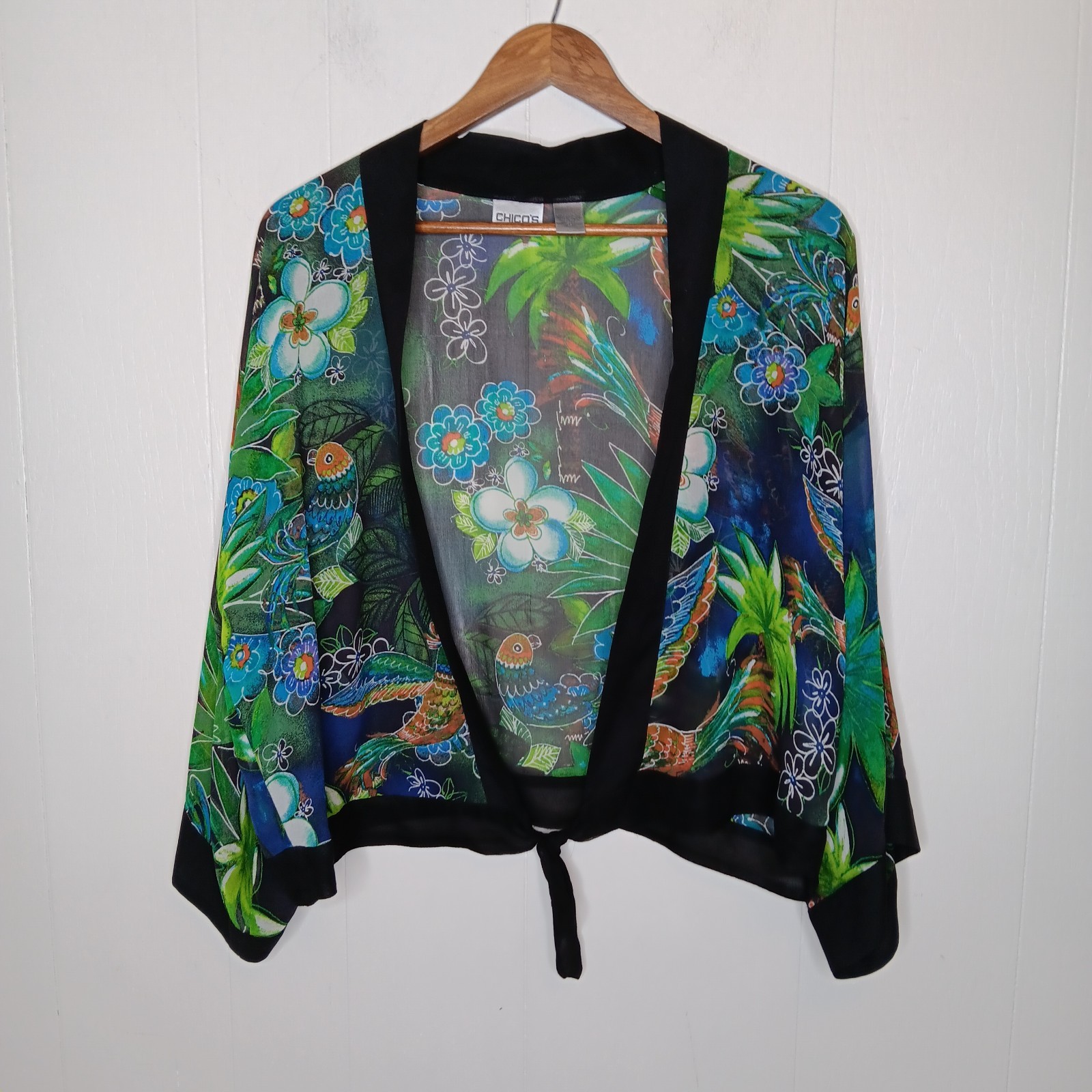 Chico’s Kimono Size S Multicolor Bird Tropical Tie-Front 100% Silk Luxury Resort