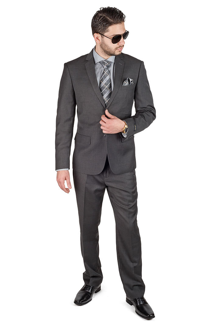 Slim Fit Men Suit 2 Button Dark Charcoal Grey Notch Lapel Double Vented By AZAR