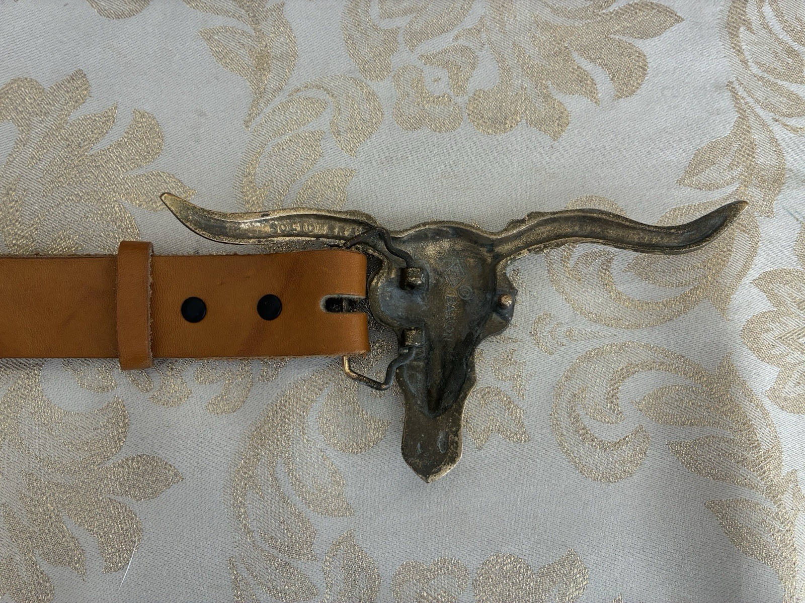 Vintage BARON Brass Longhorn Belt Buckle W/ sz 36 1.7” Leather Belt & 2nd Buckle