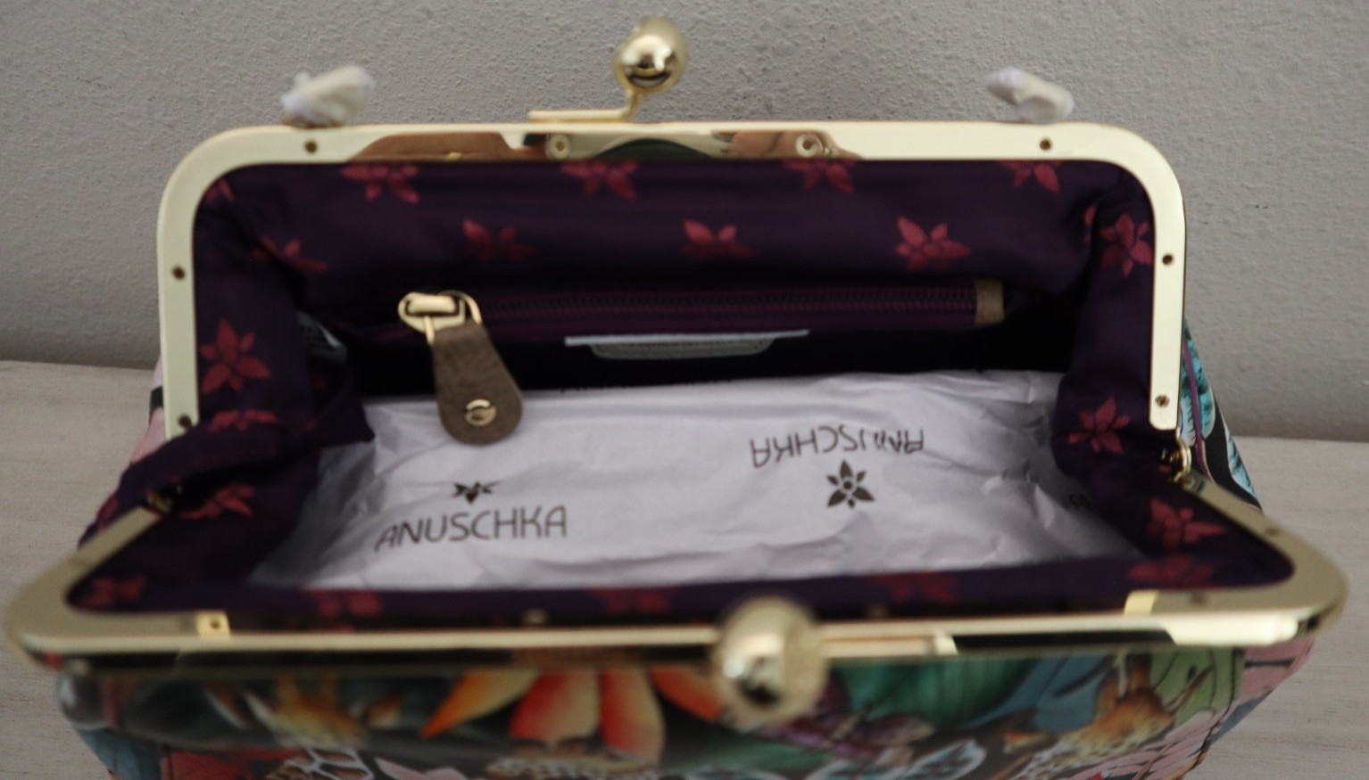 Anuschka Jungle Hand-Painted Leather Kiss Lock Clutch Crossbody Shoulder Bag$298