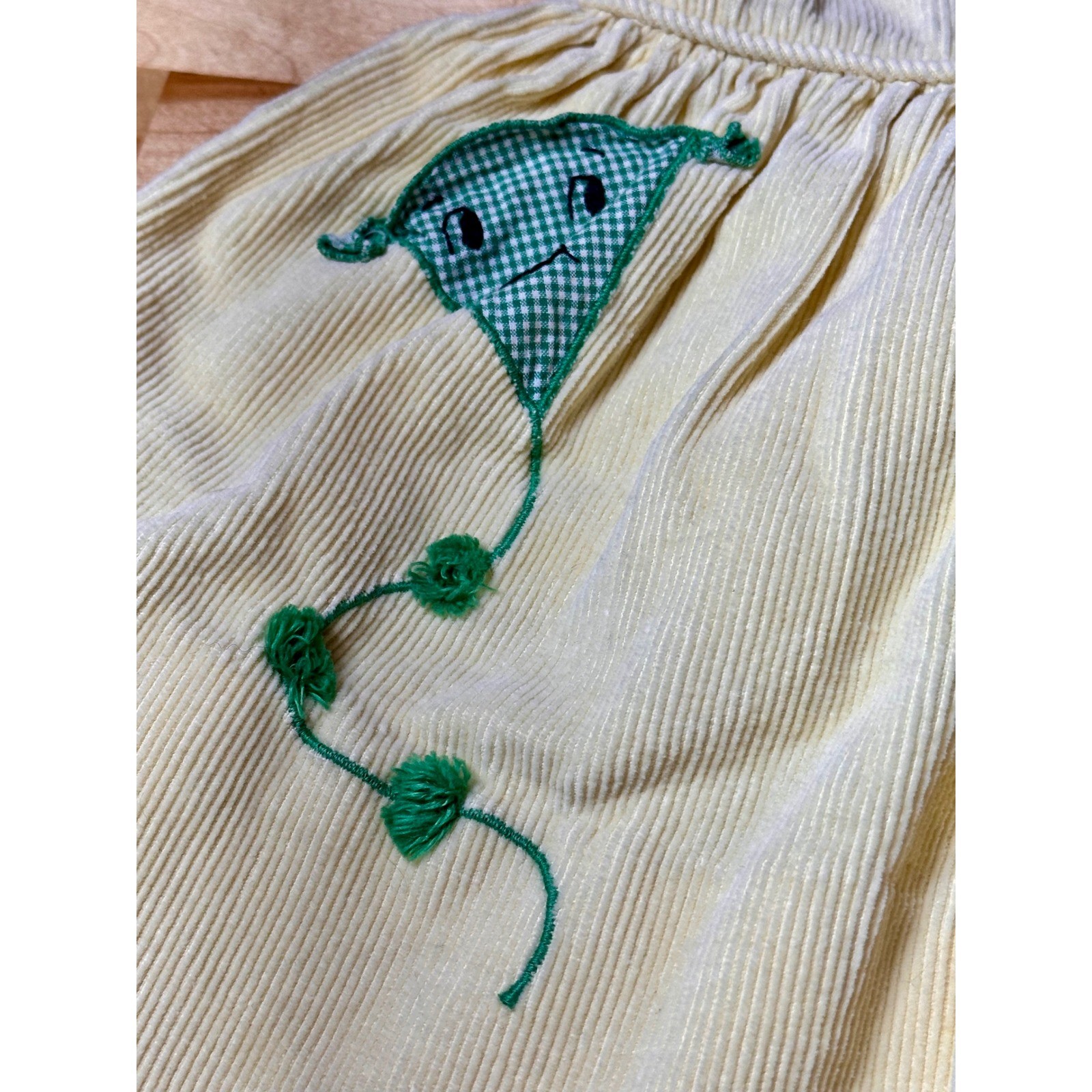 A-Lad-N Vintage Corduroy Dress Kids Sz 2 Yellow Peter Pan Collar Kite Embroidery