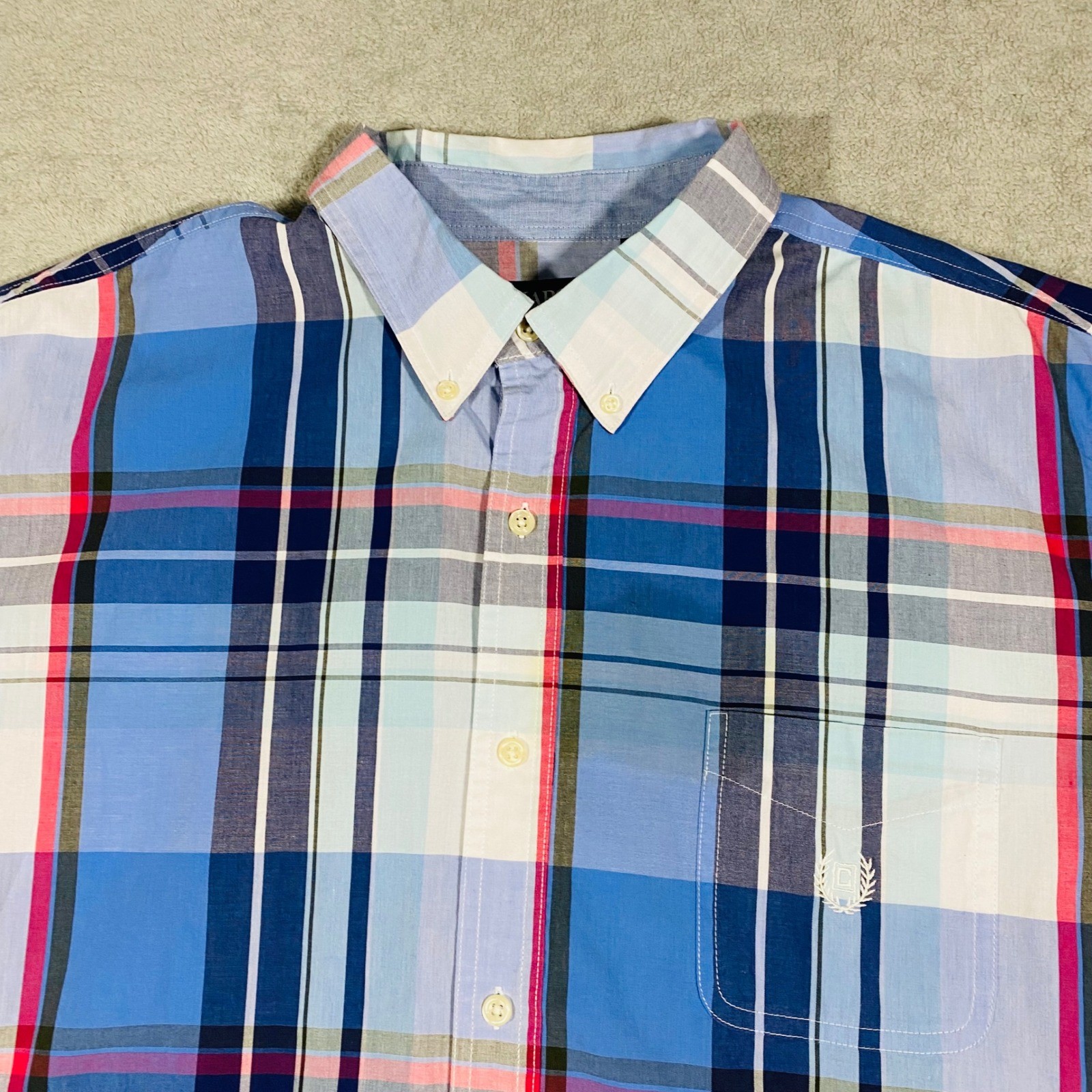 Chaps Button Down Shirt Mens XXL Blue Pink Plaid Short Sleeve Easy Care