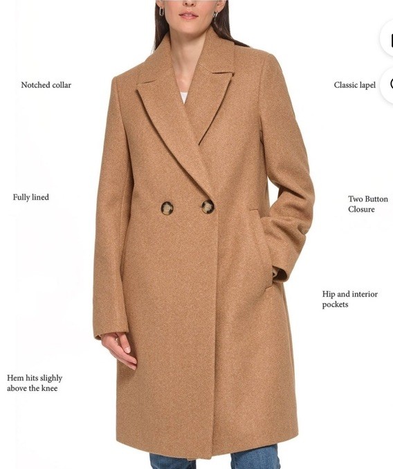DKNY Women’s Fashion Coat, Camel Size Large Double Breasted NEW