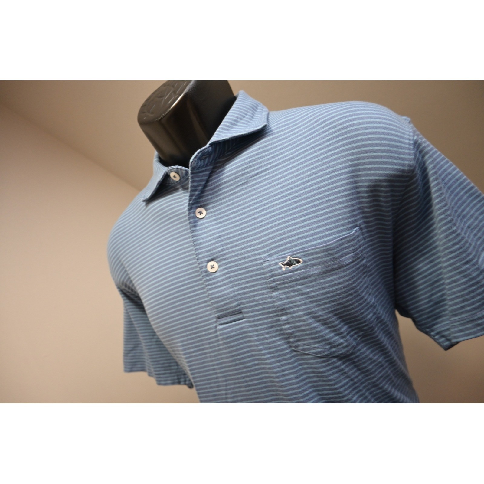 Fish Hippie Co Polo Shirt Mens Medium Blue Striped Pima Cotton Stretch Excellent