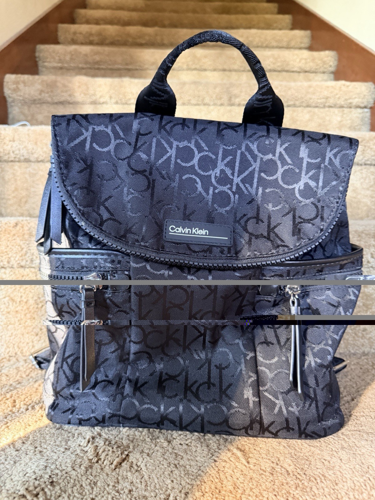 Calvin Klein Black/Gray Logo Backpack Top Handle Zip & Magnetic Closure Pockets