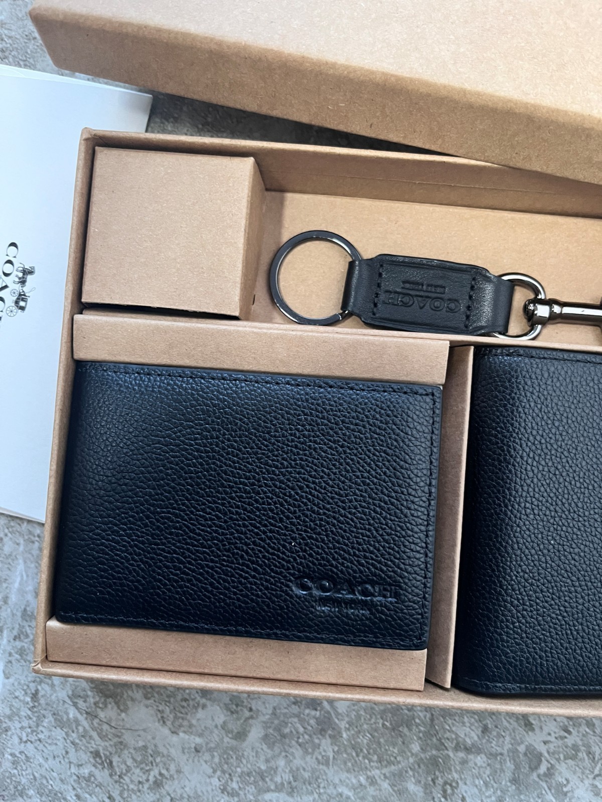 Coach Men’s Black Leather Bifold Wallet with Keychain Gift Set, Brand New in Box