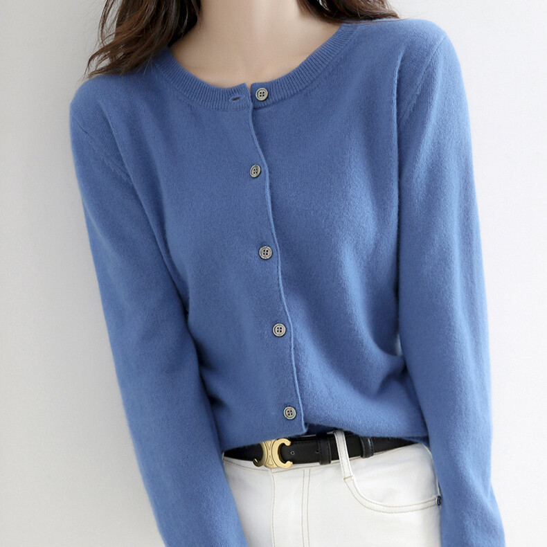 Women Cardigan Solid Color Sweater Cashmere Blend Simple Crew Neck Jacket Coat
