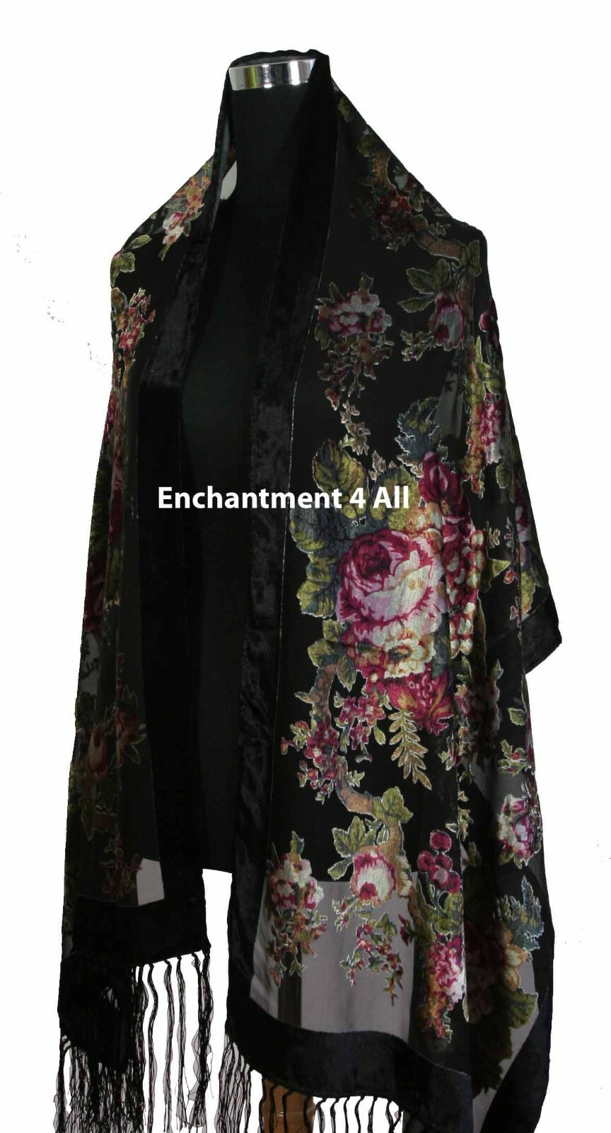 Elegant 100% Silk Burnout Velvet Vintage Floral Oblong Scarf Shawl Wrap, Black