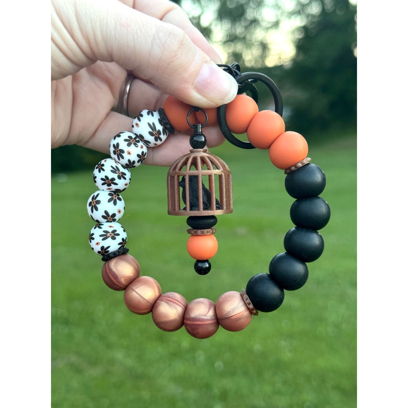 Handmade Caged Raven 3D Printed Bead Wristlet Keychain Orange Black Floral