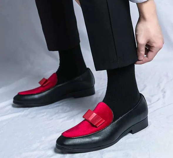 Men’s Velvet Splicing Color Block Bowknot Loafers Dress Shoes Wedding Oversize