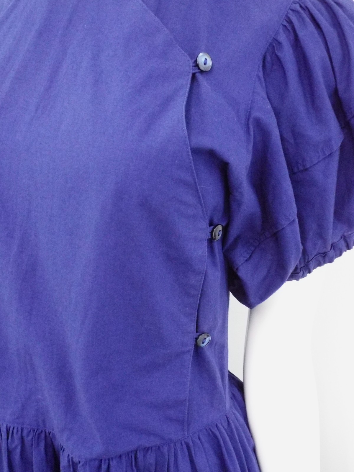 VTG 1980s KENZO Blue Puff Sleeve Dress Small Cotton Asymmetrical Button Wrap Top