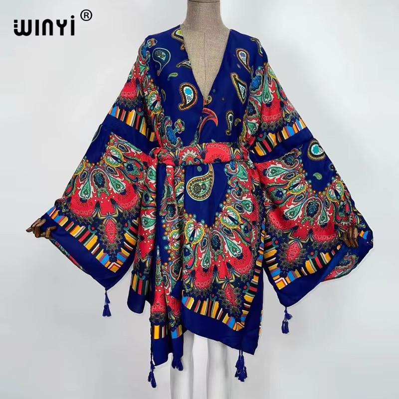 Red Africa Dress Women Cardigan Silky Robe Kimono Dress Cruise Wear Beach Dress