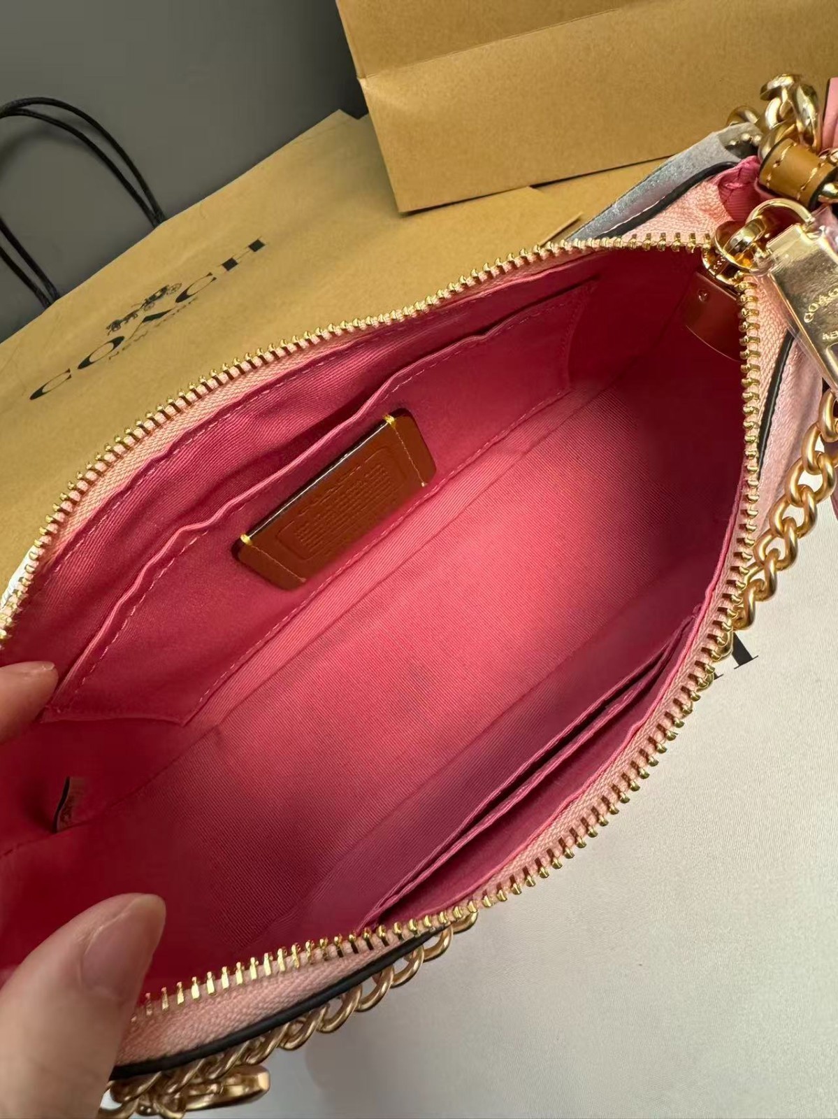NWT Coach Gold Powder Pink Teri Shoulder Bag Signature with Charms CEA20