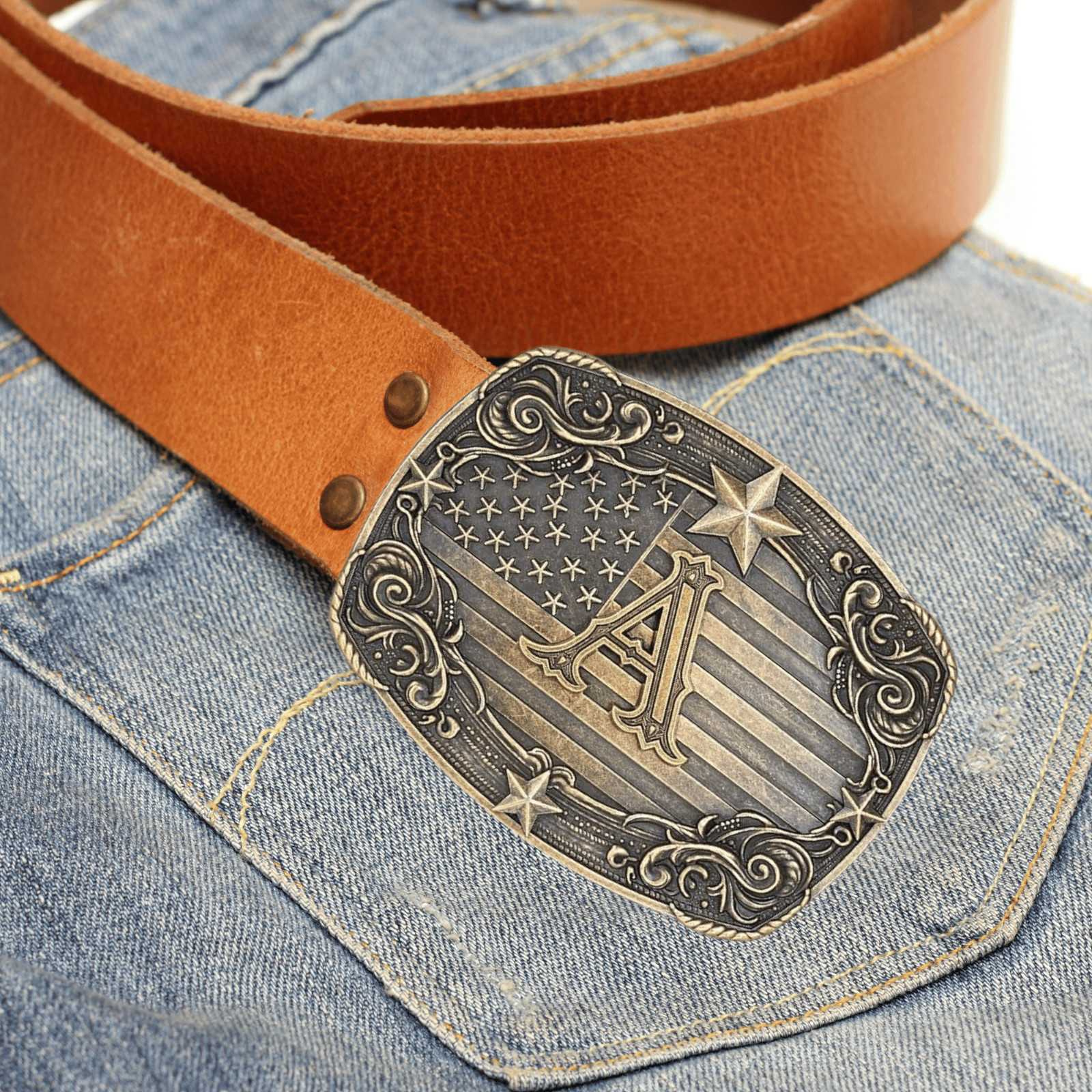 Western Belt Buckle Men Initial Letter ABCDJRM to Z Rodeo Cowboy American Flag