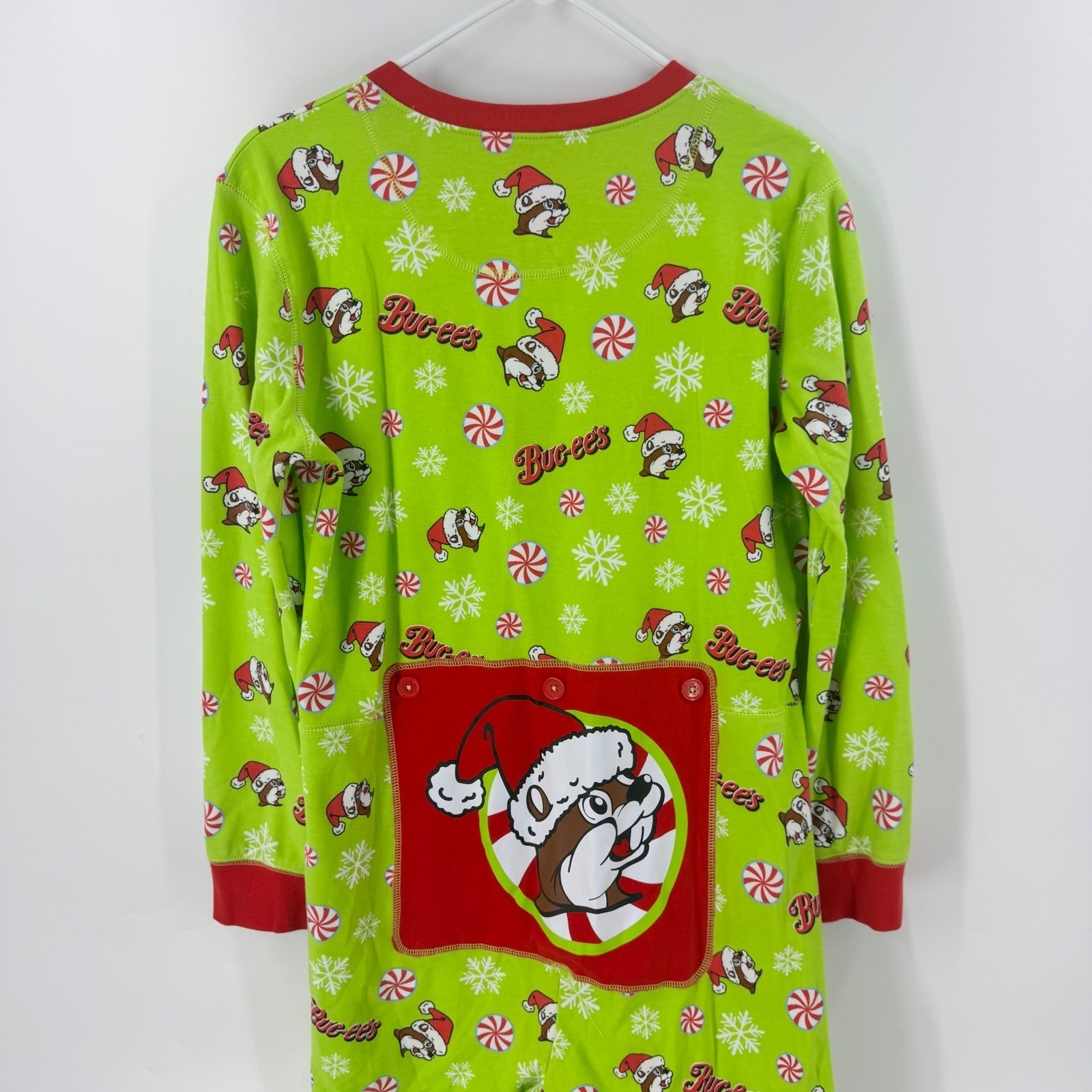 Buc-ee’s Christmas Union Suit Mens Medium Green Santa Beaver Zip Pajamas Flap