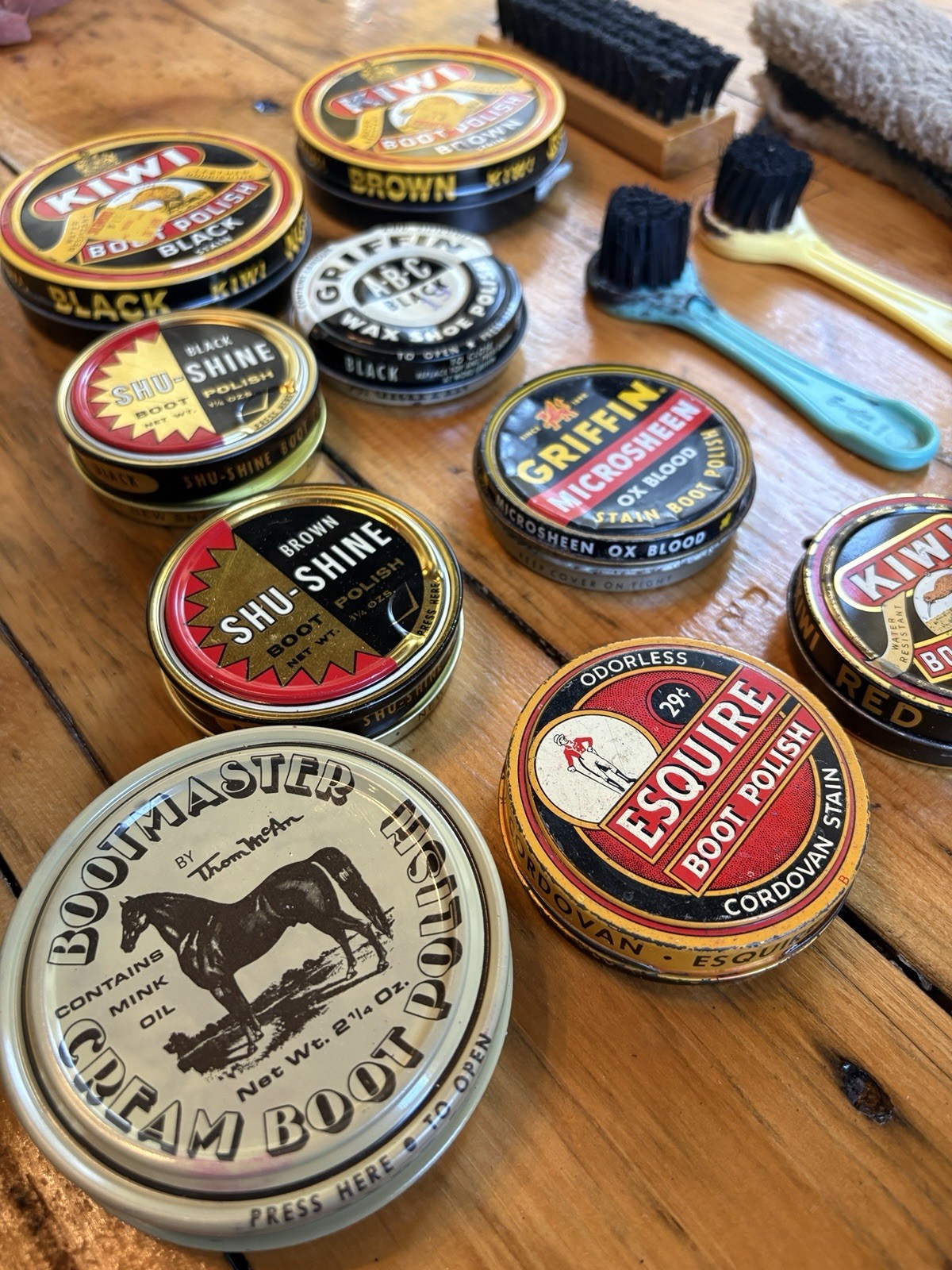 Vintage Wooden Shoe Shine Kit w/ Branded Boot Polish Tins and brushes