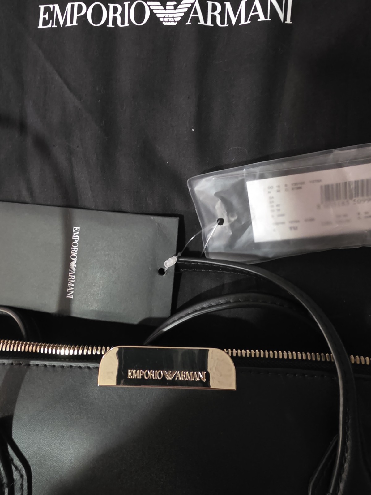 Emporio Armani Black Large Tote Bag, Zip, Gold Hardware, Dust Bag, Card