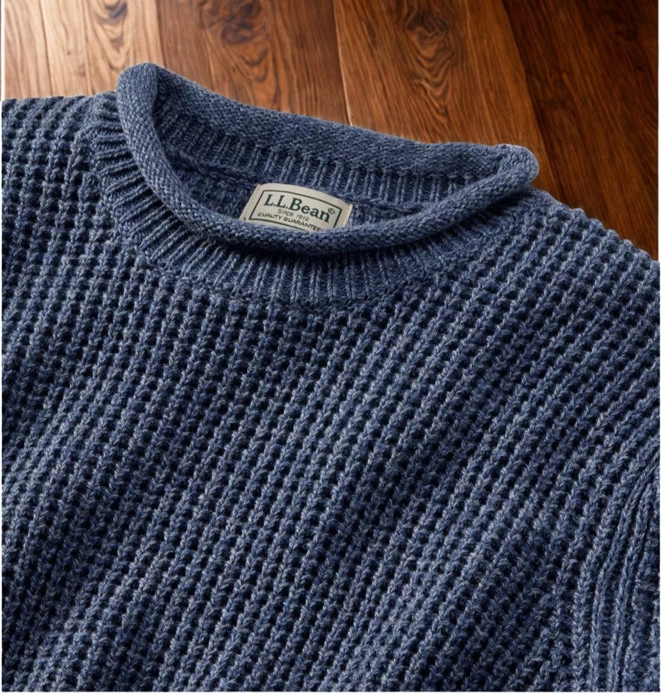 L.L. Bean Organic Cotton Fisherman Sweater 2XL Blue Roll Neck Waffle Knit NWT