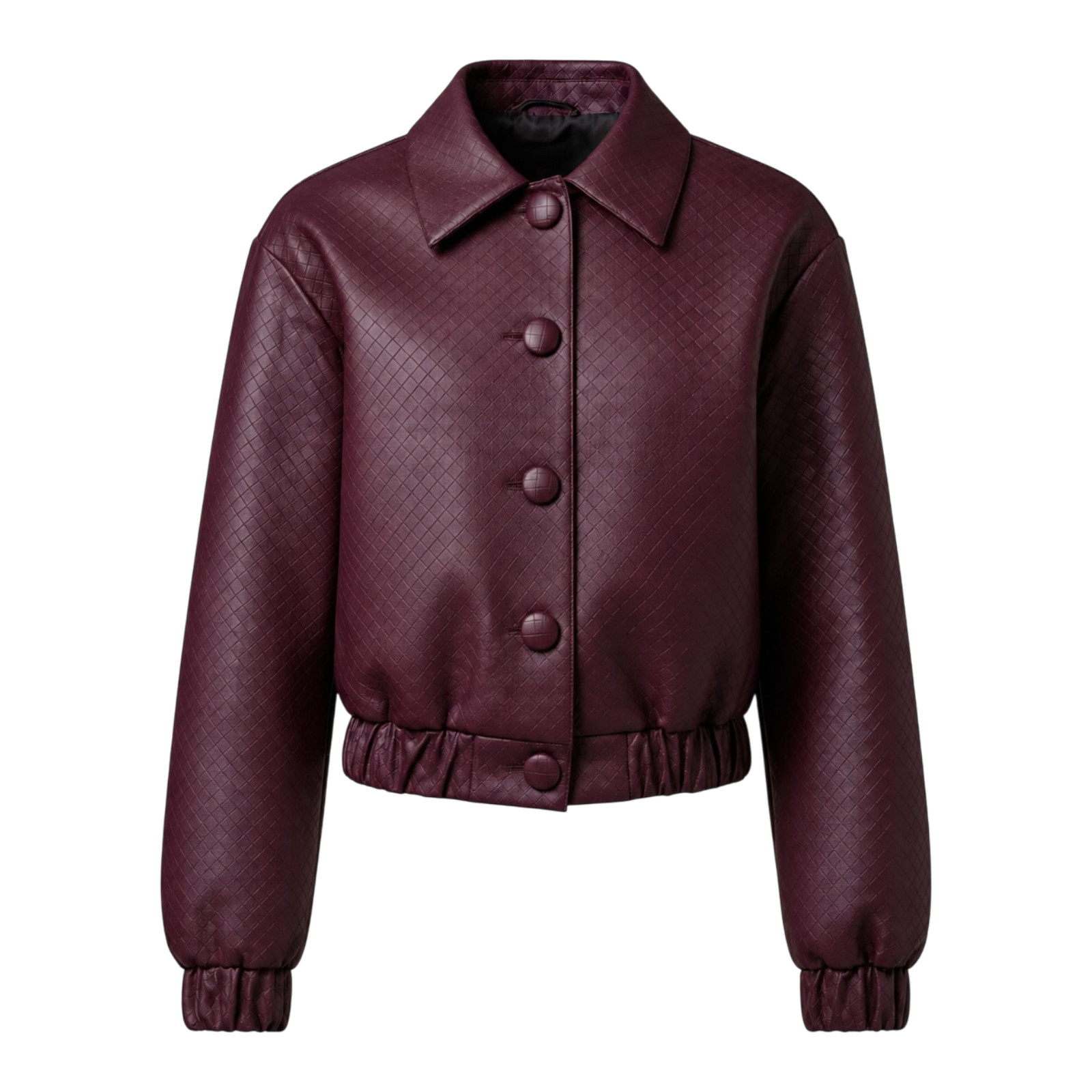 Women’s Burgundy Quilted Leather Bomber Jacket Cropped Button Front Coat