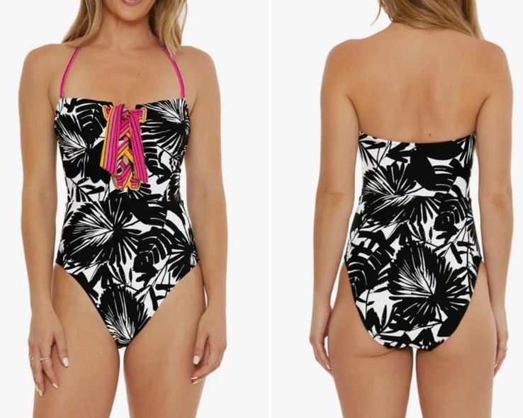 TRINA TURK Size 10 NWT Black White Lennox 1 Pc Lace Up Halter Bandeau Swimsuit