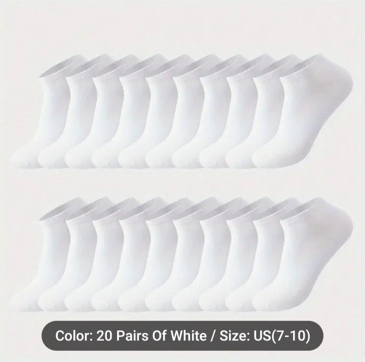 Mens White Cotton 20 Pack Sports Ankle Athletic Socks Low Cut Size 7-10