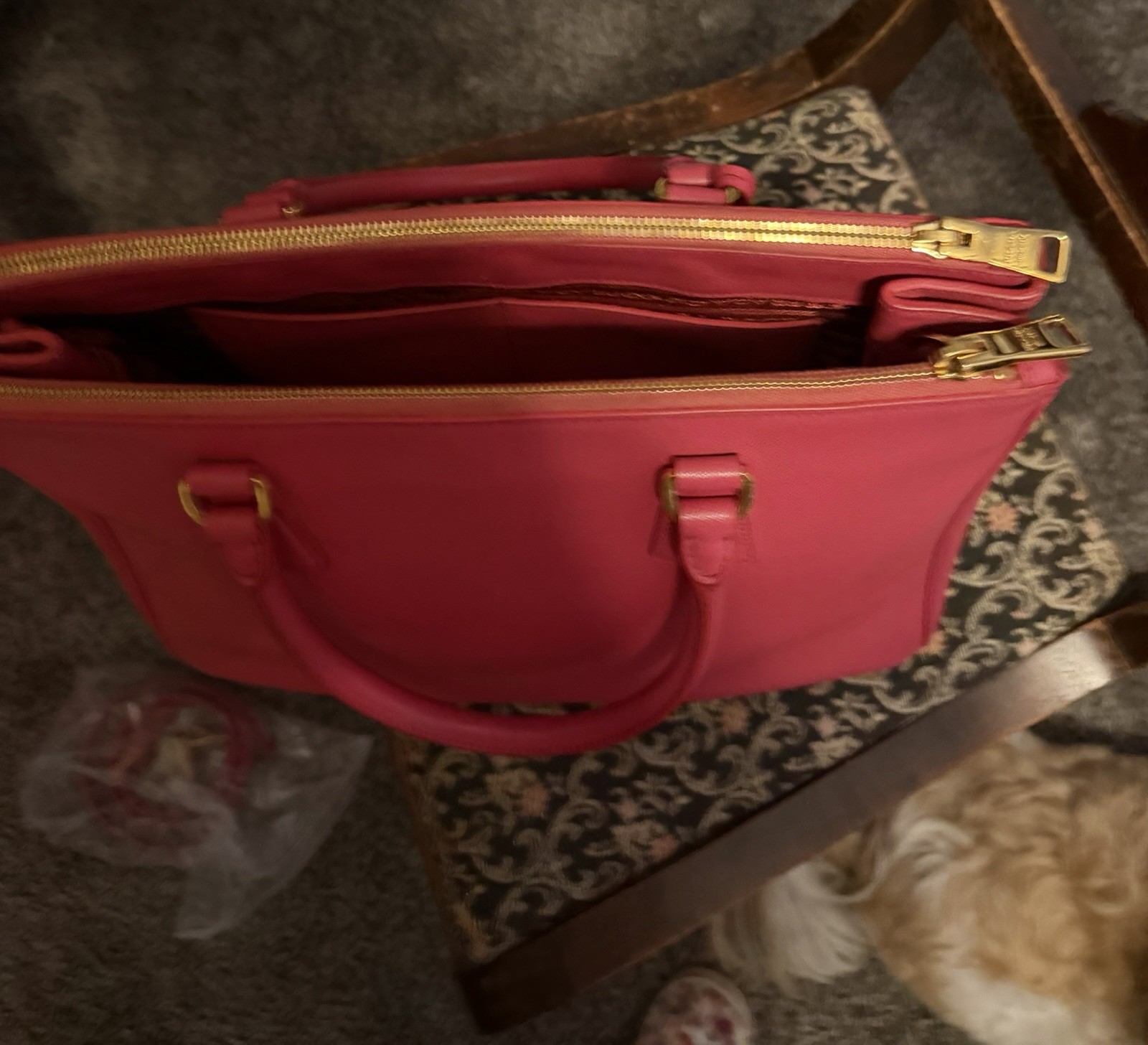 PRADA Pink Saffiano Satchel Top Handle Bag Zip, Detachable Strap, Gold