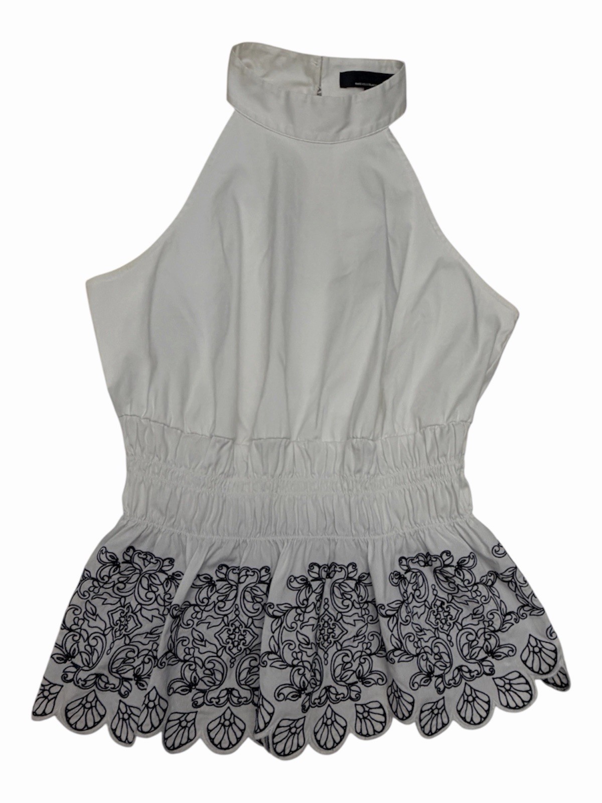 White House Black Market Size 8 Mock Neck Halter Top Embroidered Scallop Hem