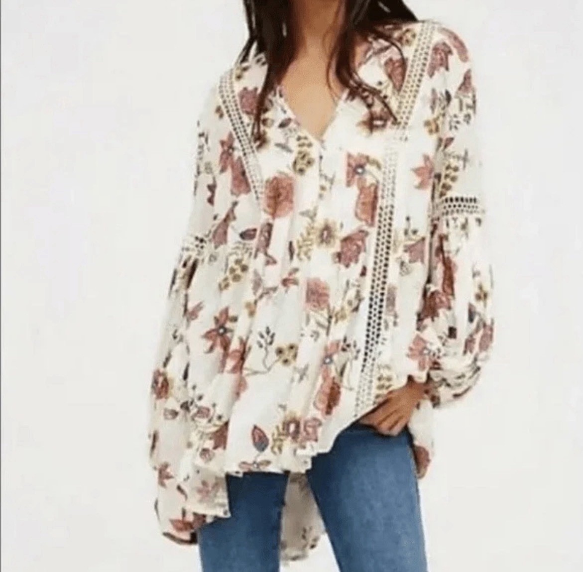 Free People Floral Boho Peasant Blouse V-Neck Balloon Long Sleeve Viscose Size S