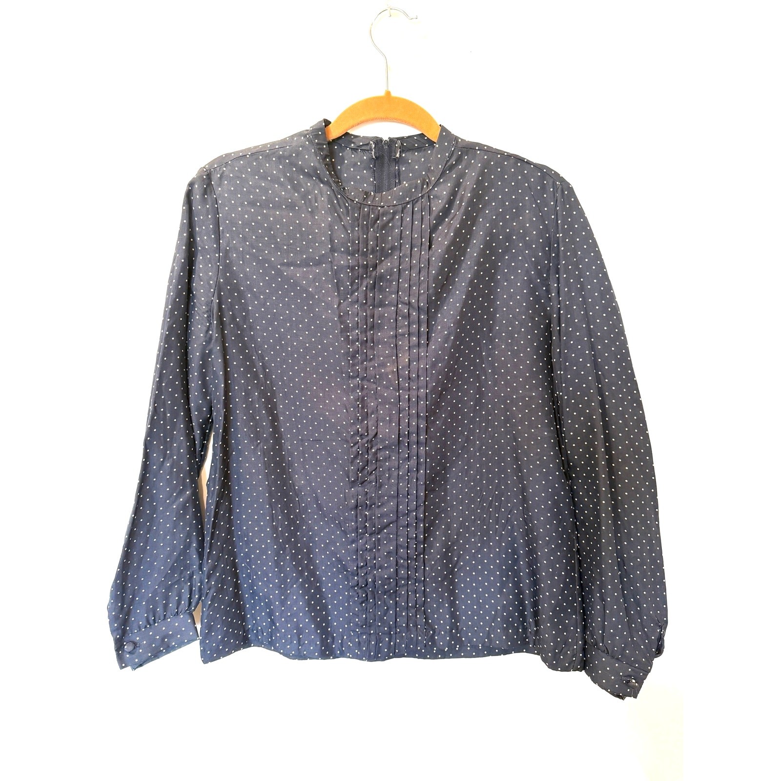 Vtg LANVIN womens navy white polka dot blouse 10 back zip classic old money