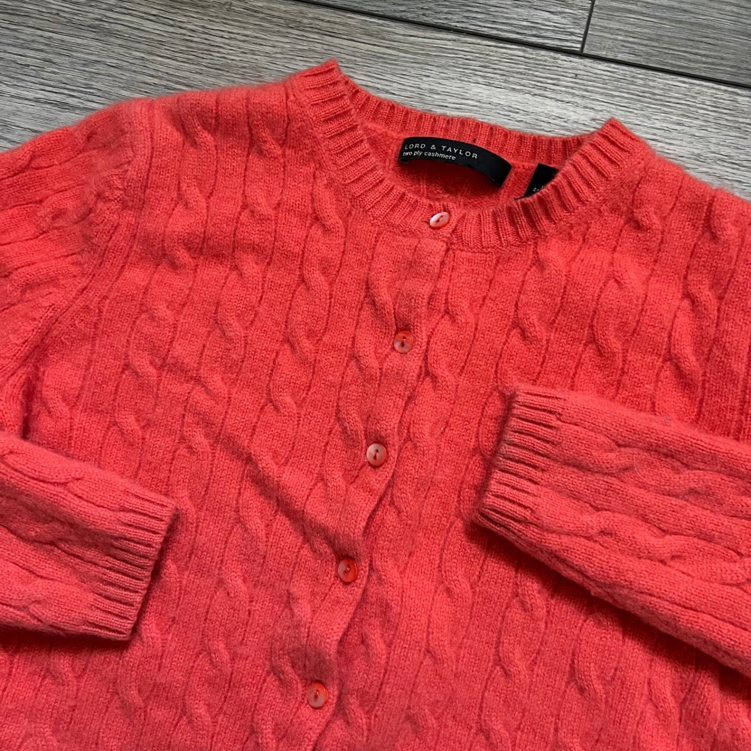 Lord & Taylor Women’s M Cardigan Cable Knit Sweater 100% Cashmere Coral