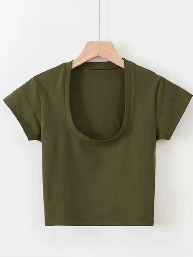 Summer Slim U-Neck Crop Top Women Short Sleeve Solid Color Stretch Vest