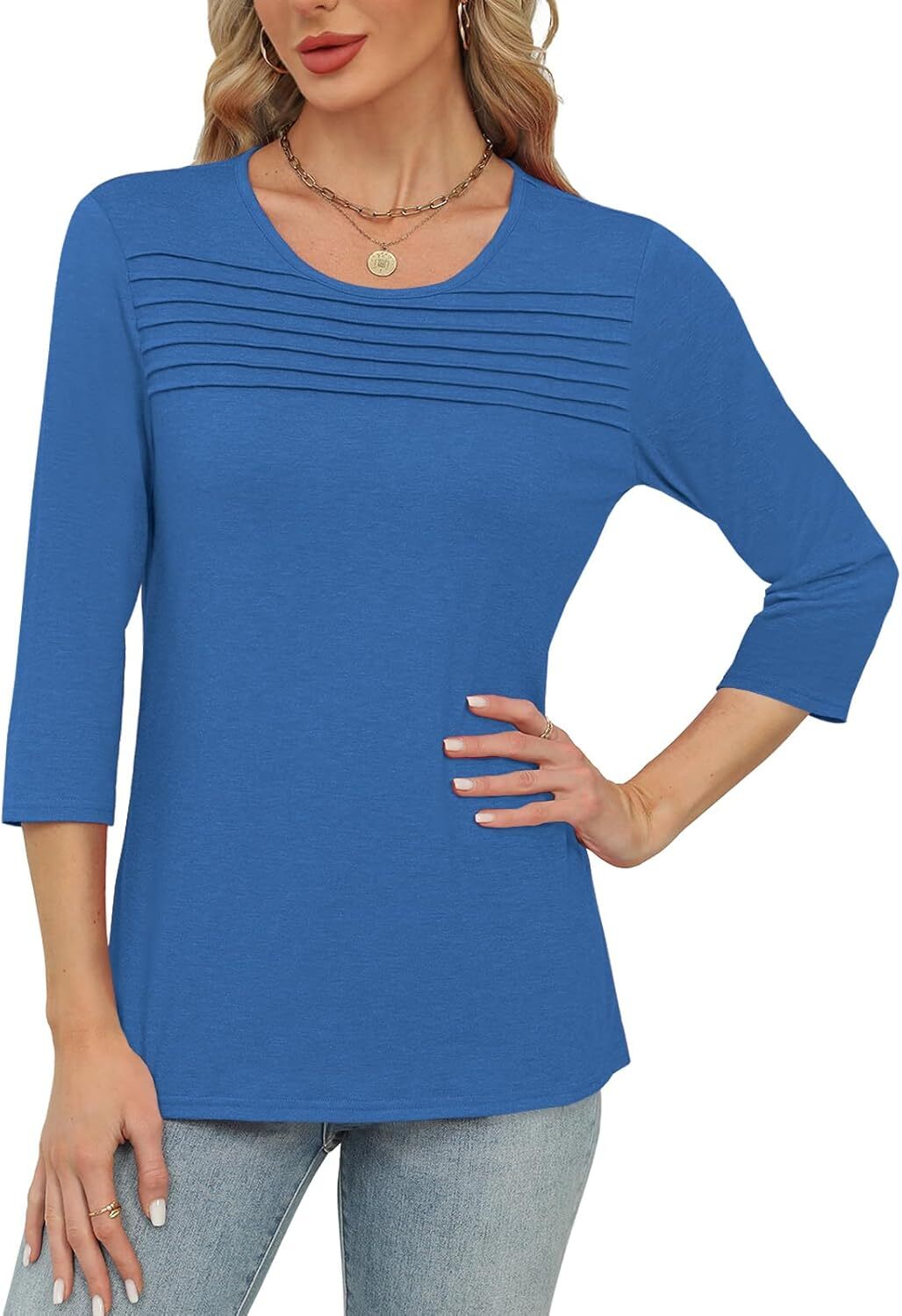 Pleated 3/4 Sleeve Womens Blouse Crew Neck Lightweight Casual Top S-XXL Summer