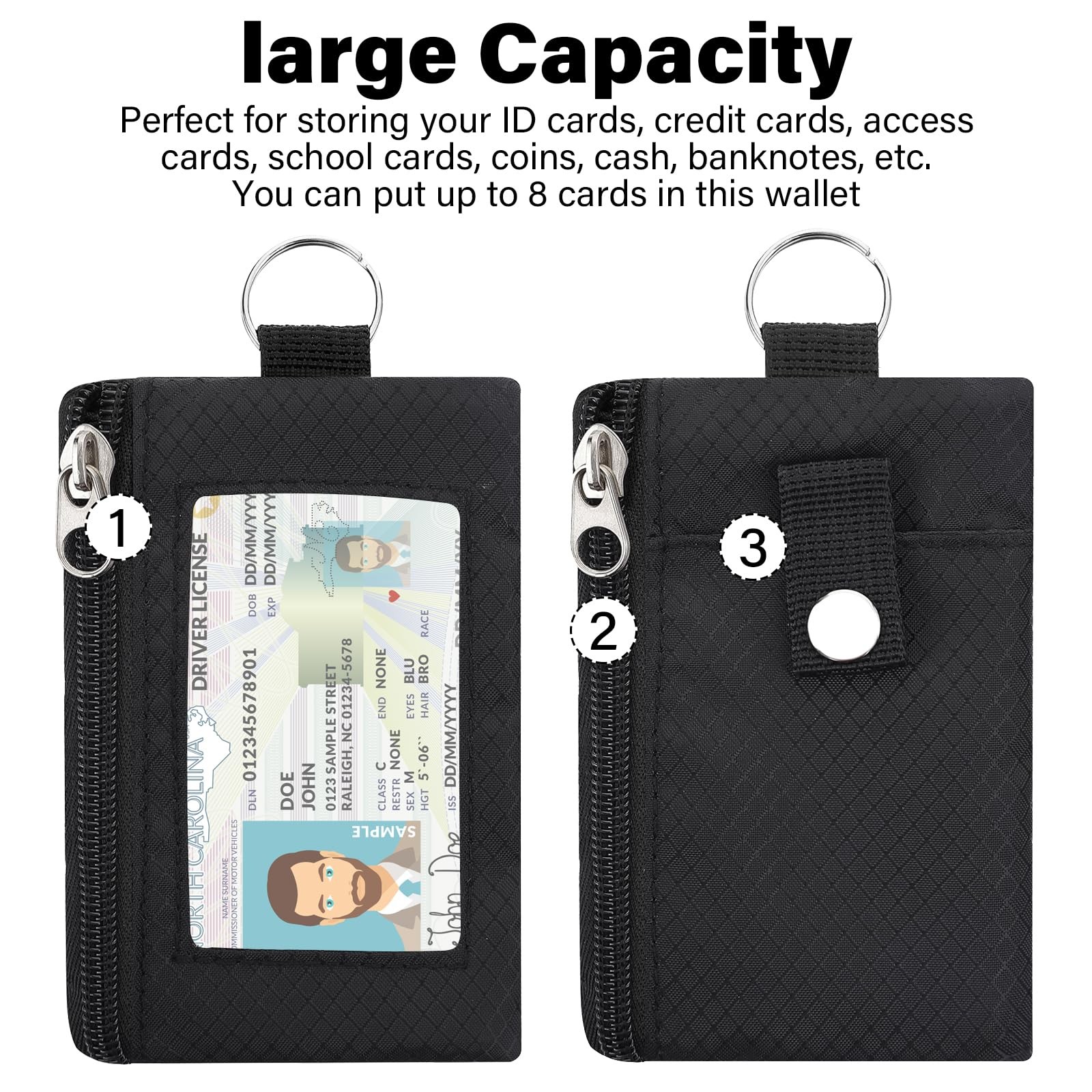 Minimalist RFID Wallet with Lanyard, MultiFunctional ID Case with 2 Zipper Po…