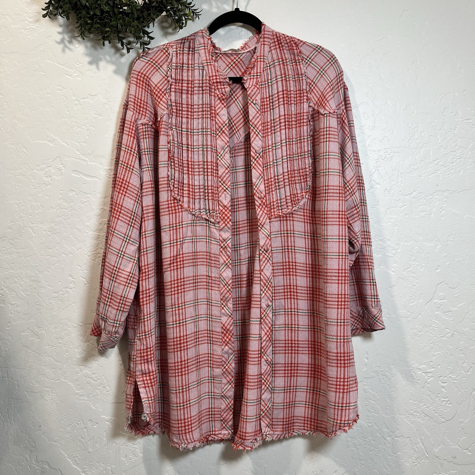 Free People Intimately On Repeat Pink Plaid Tunic Sleep Shirt Dress Large Flaw