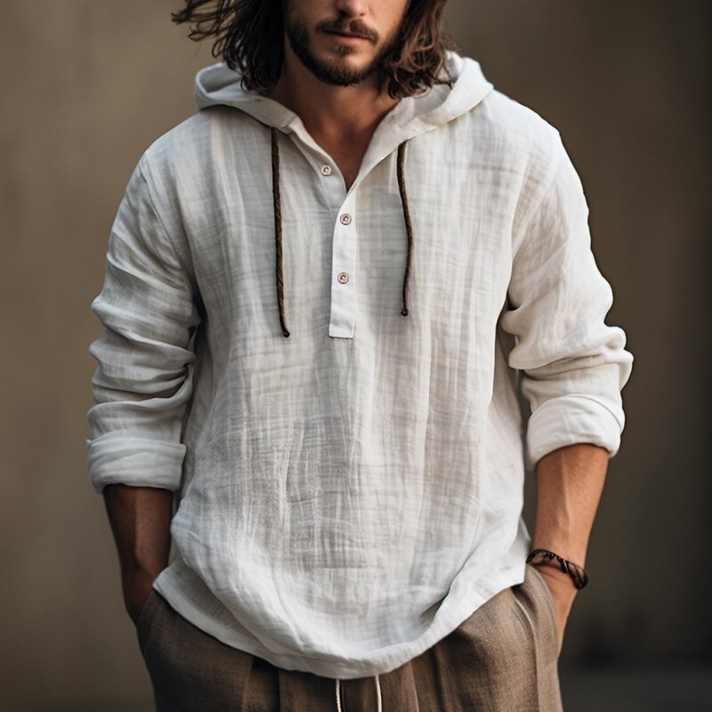 Mens Cotton Linen Hoodie Shirt Casual Long Sleeve Beach Pullover Summer Top