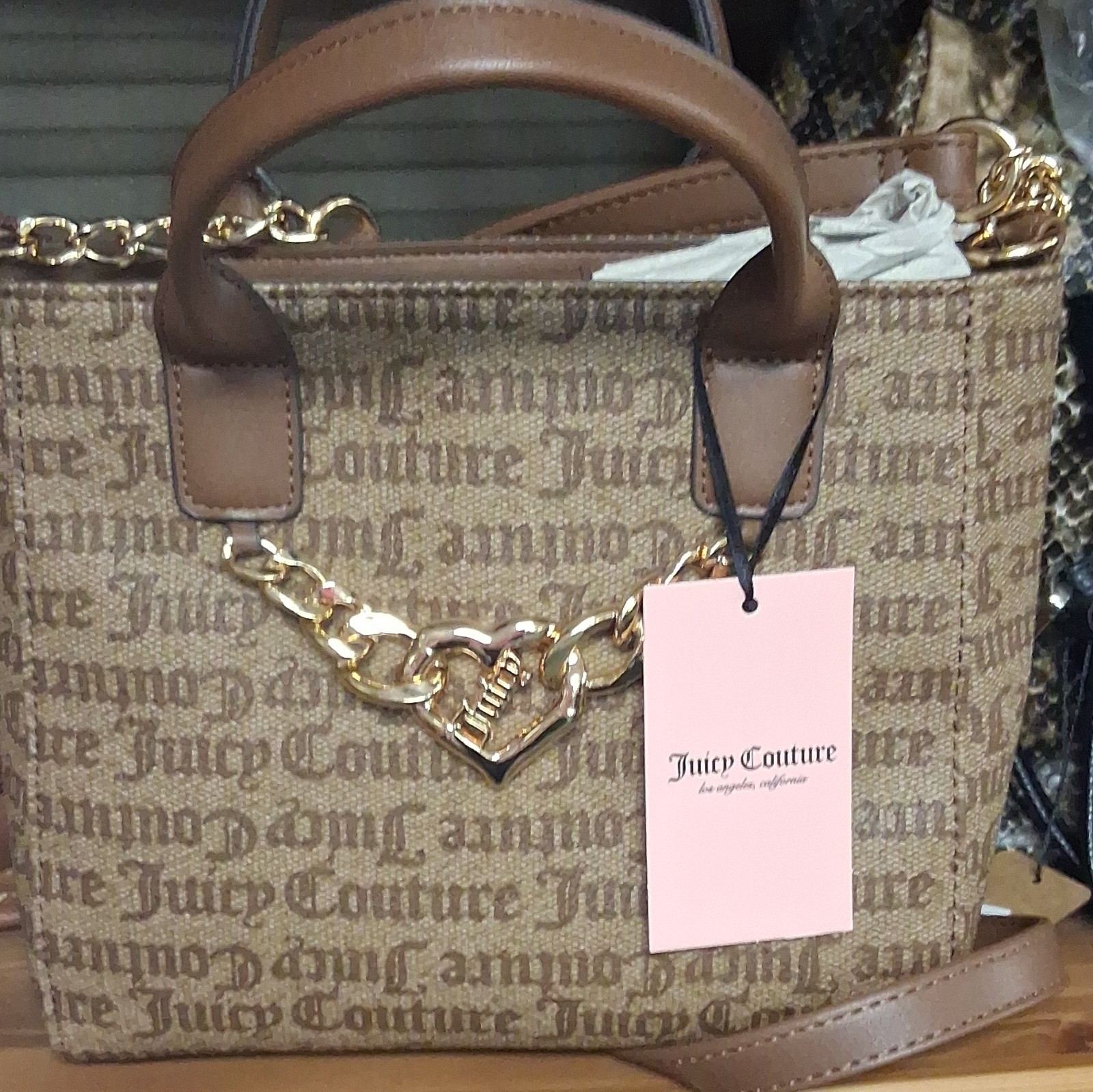 Juicy Couture Beige Brown Logo Print Satchel Top Handle Crossbody Detachable