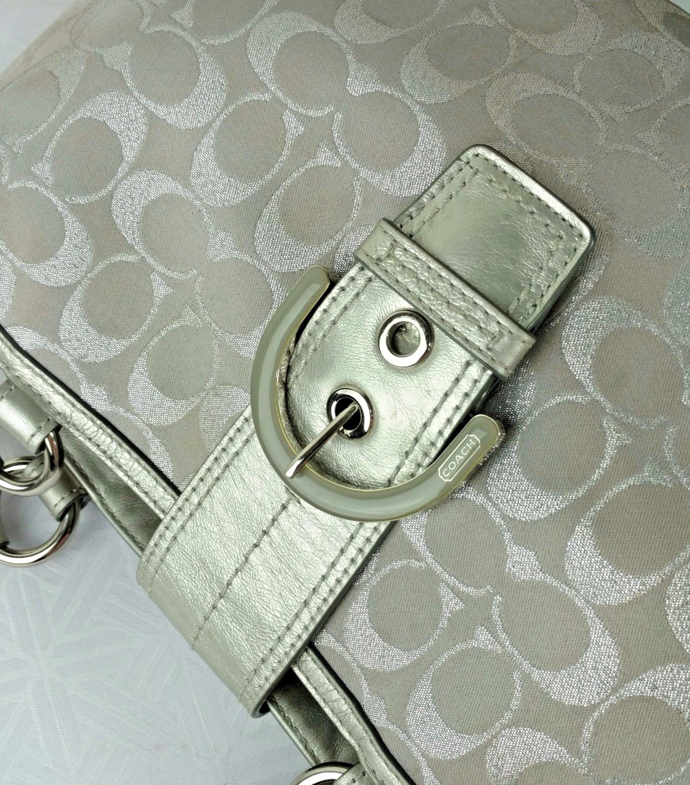 COACH TOTE SILVER SIGNATURE C JACQUARD/ LEATHER No. F18912 SATCHEL HANDBAG