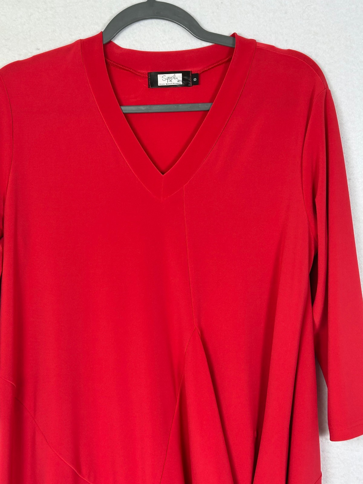 SYMPLI Canada 8 Medium Blouse Top Jersey Knit Red Drape Pocket V Neck Pull On