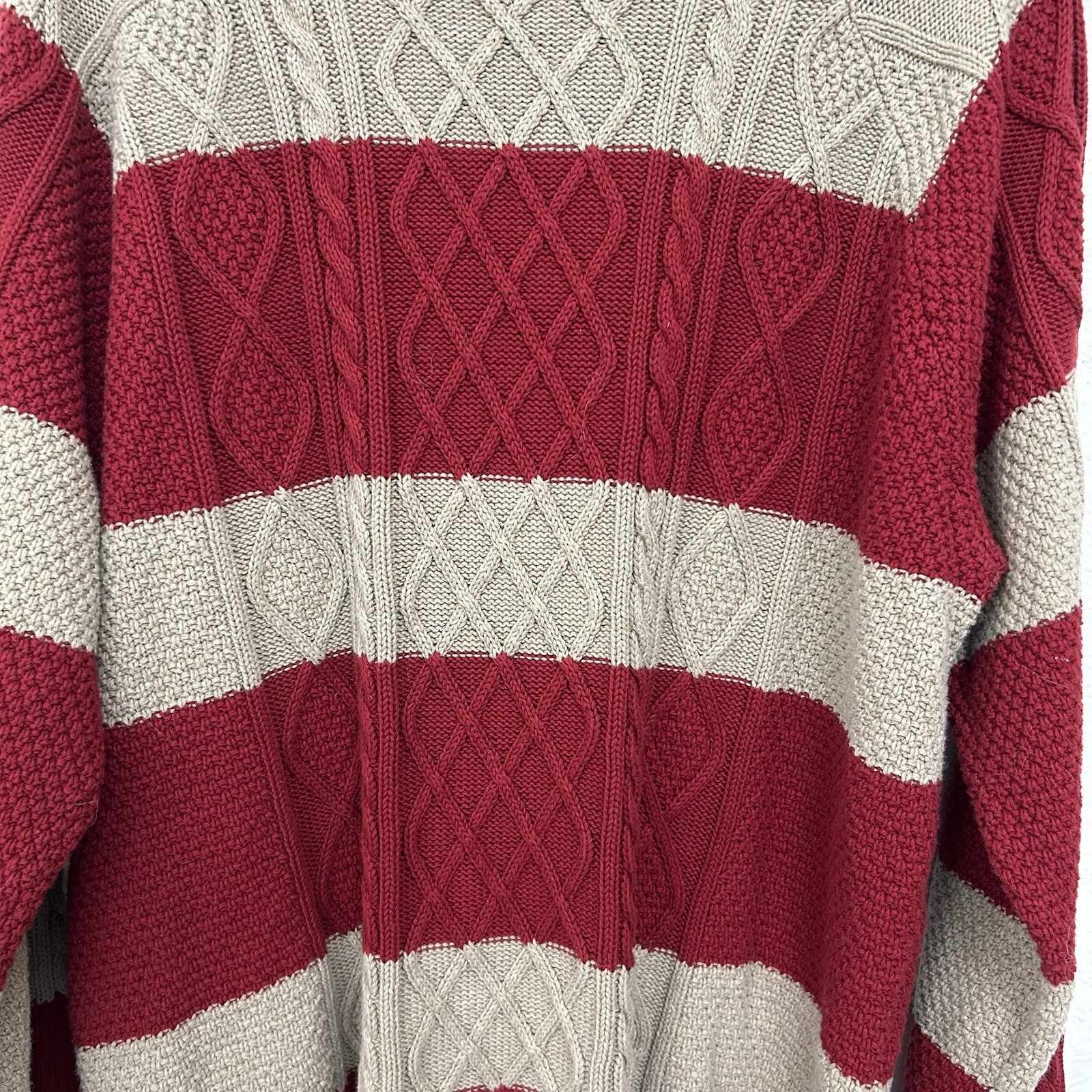 LL Bean Signature Men’s XXL Sweater Striped Cable Knit Red Beige Cotton Linen