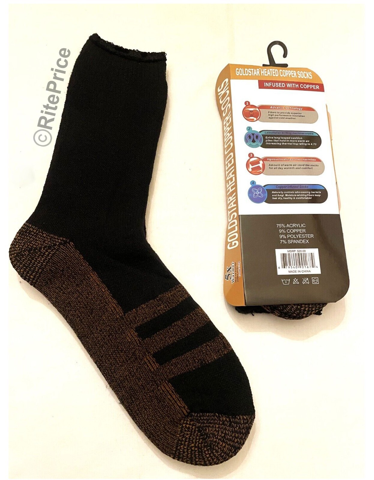 2 Pairs (2 Pack) Goldstar Heated Copper Socks Black Tog Rating 4.7 (Size: 9-15)