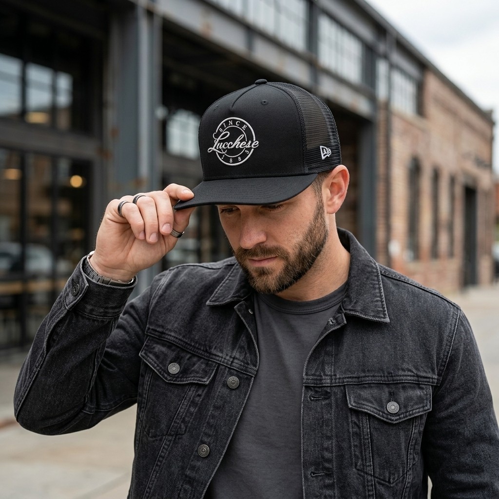 Lucchese Embroidered Trucker Hat Black Mesh Snapback Flat Bill Cap