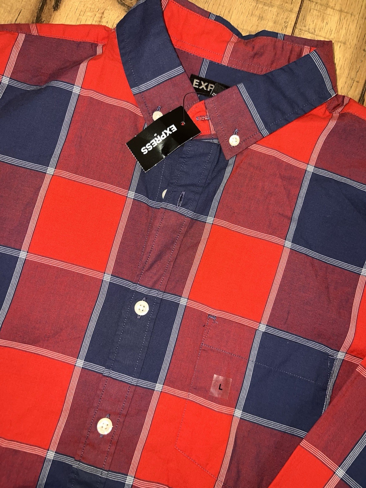 Express Men’s L Red Blue Plaid Button Down Shirt Long Sleeve Casual 100% Cotton