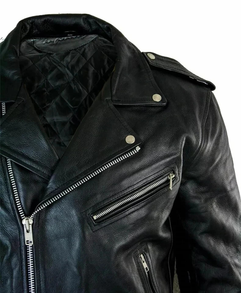 Men’s Motorcycle Leather jacket Genuine Buffalo Skin Brando Style BlackBiker New