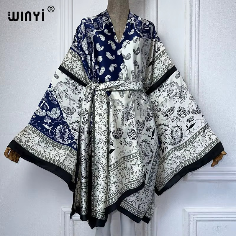 Printed Kimono with Belt African Boho Dress Beach Wear Holiday Silky Robe Beach