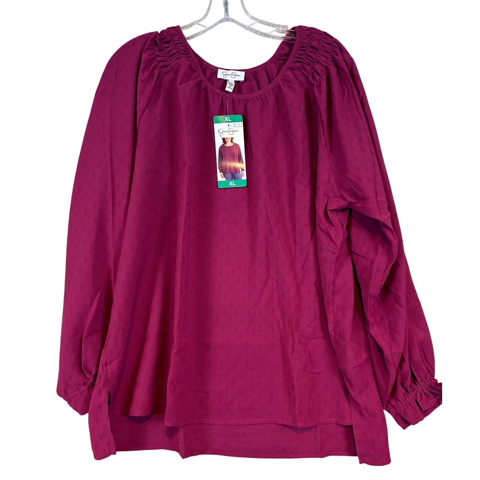 NWT Boho Women XL Berry Wine Smocked Long Sleeve Dobby Blouse Peasant Top Casual