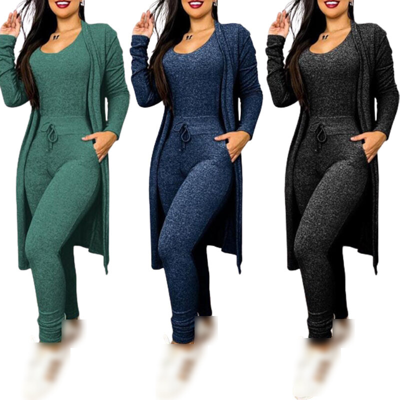 Women Outfit U-Neck 2 Pcs Sleeveless Skinny Jumpsuit & Long Sleeve Coat Cardigan