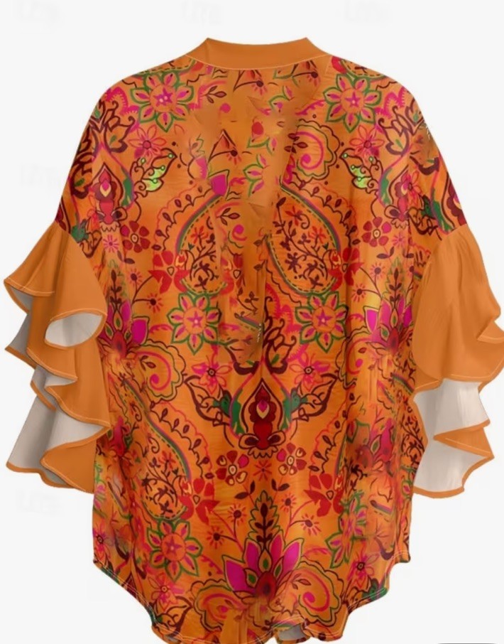 2XL Orange Floral Bohemian Tunic Blouse with Ruffle 3/4 Sleeves for Women