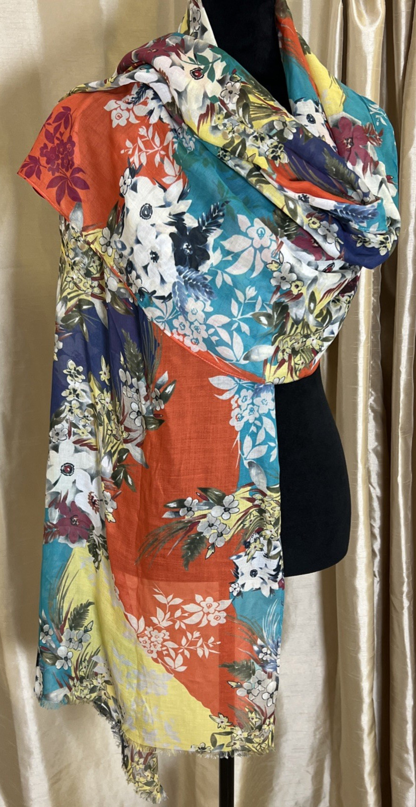 Talbots 100% Modal Scarf 75” X 27” White Teal Yellow and Orange Floral NWT