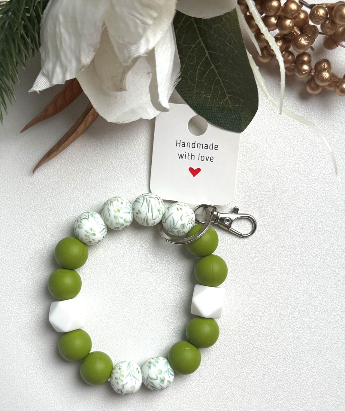 Silicone Beaded Keychain Wristlet Bracelet Green Leaf